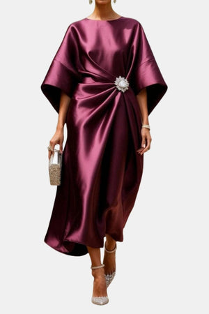 A-Line Maxi Dress Wide Sleeve Satin – Isadora - Claret - Bellux