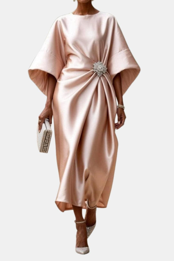 A-Line Maxi Dress Wide Sleeve Satin – Isadora - Light Pink - Bellux