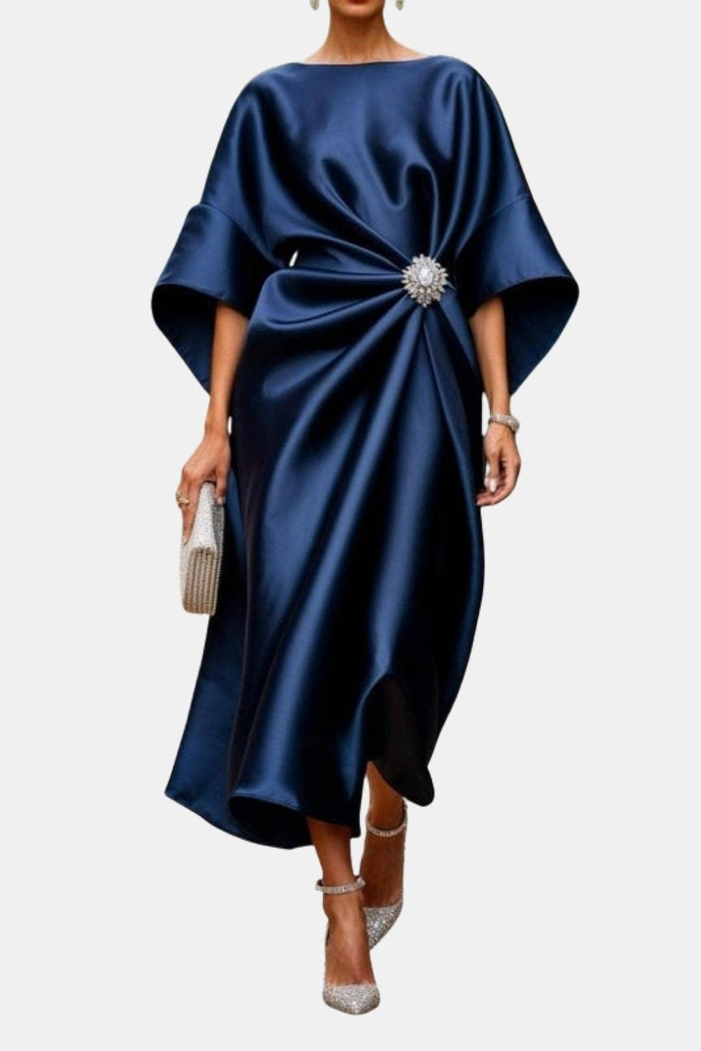 A-Line Maxi Dress Wide Sleeve Satin – Isadora - Midnight Blue - Bellux