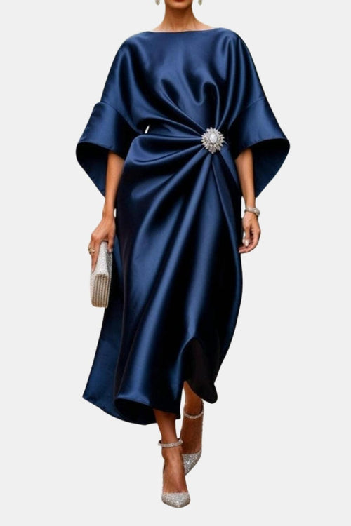 A-Line Maxi Dress Wide Sleeve Satin – Isadora - Midnight Blue - Bellux