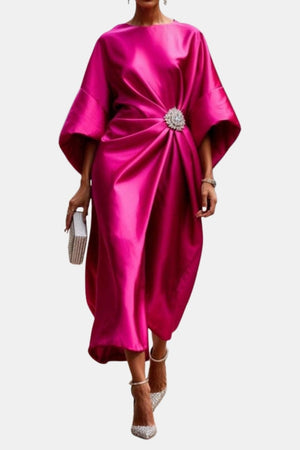 A-Line Maxi Dress Wide Sleeve Satin – Isadora - Rose Red - Bellux