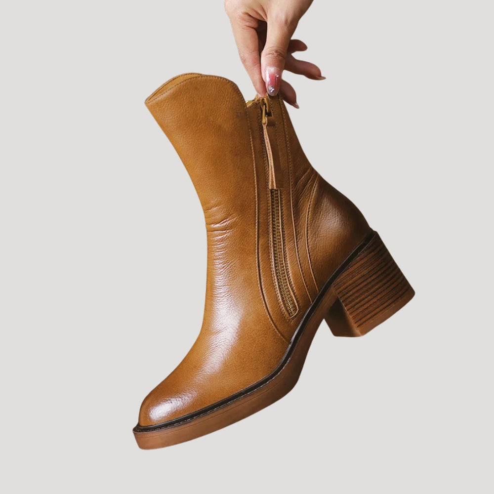Ankle Boots Side-Zip Block Heel Leather – Estelle - Brown - Bellux