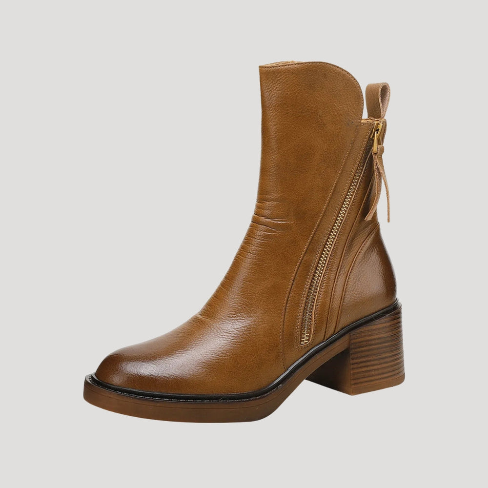 Ankle Boots Side-Zip Block Heel Leather – Estelle - Brown - Bellux