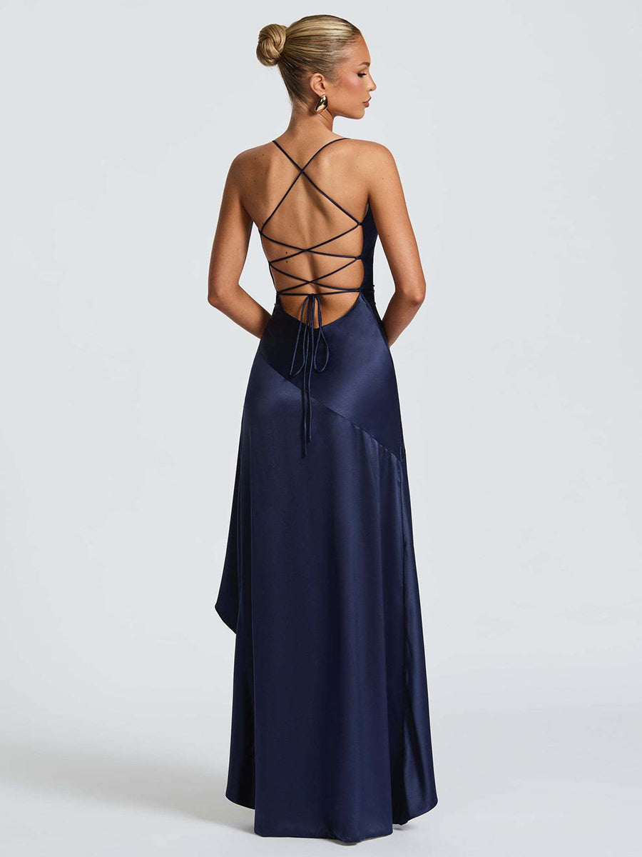 Asymmetric Lace-Back Cocktail Dress – Soraya - Navy - Bellux
