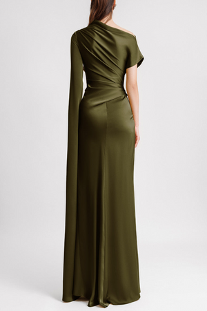 Asymmetric Neckline Draped Maxi Dress Stretch Satin - Bellux