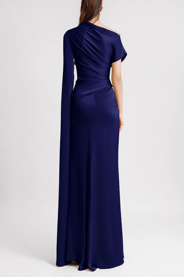 Asymmetric Neckline Draped Maxi Dress Stretch Satin - Bellux