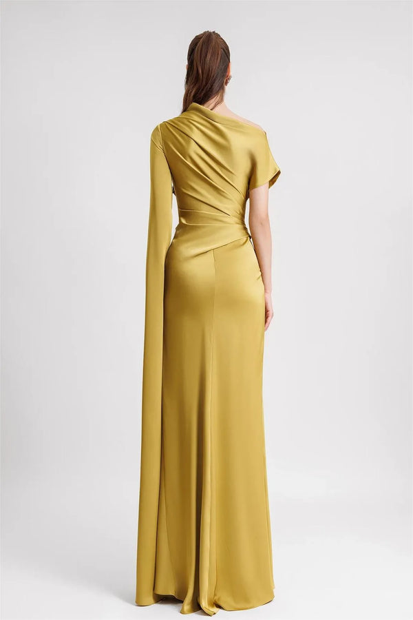 Asymmetric Neckline Draped Maxi Dress Stretch Satin - Bellux