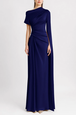 Asymmetric Neckline Draped Maxi Dress Stretch Satin - blue - Bellux
