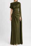Asymmetric Neckline Draped Maxi Dress Stretch Satin - green - Bellux
