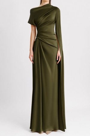 Asymmetric Neckline Draped Maxi Dress Stretch Satin - green - Bellux