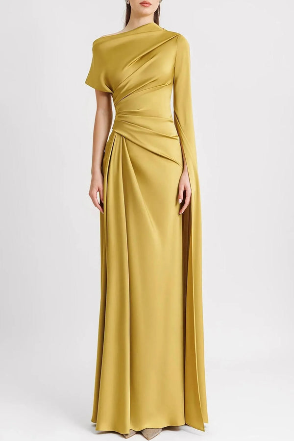 Asymmetric Neckline Draped Maxi Dress Stretch Satin - yellow - Bellux