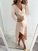 Asymmetric V-Neck Sheath Midi Dress – Shape-Retaining Amelia - Beige - Bellux