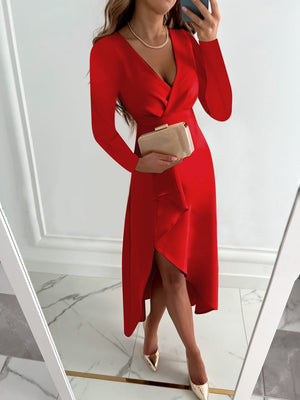 Asymmetric V-Neck Sheath Midi Dress – Shape-Retaining Amelia - Red - Bellux