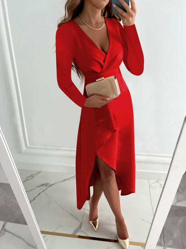 Asymmetric V-Neck Sheath Midi Dress – Shape-Retaining Amelia - Red - Bellux