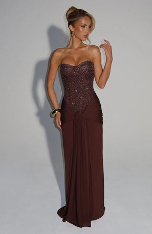 Beaded Mesh Bodice Maxi Dress – Carina - Bellux