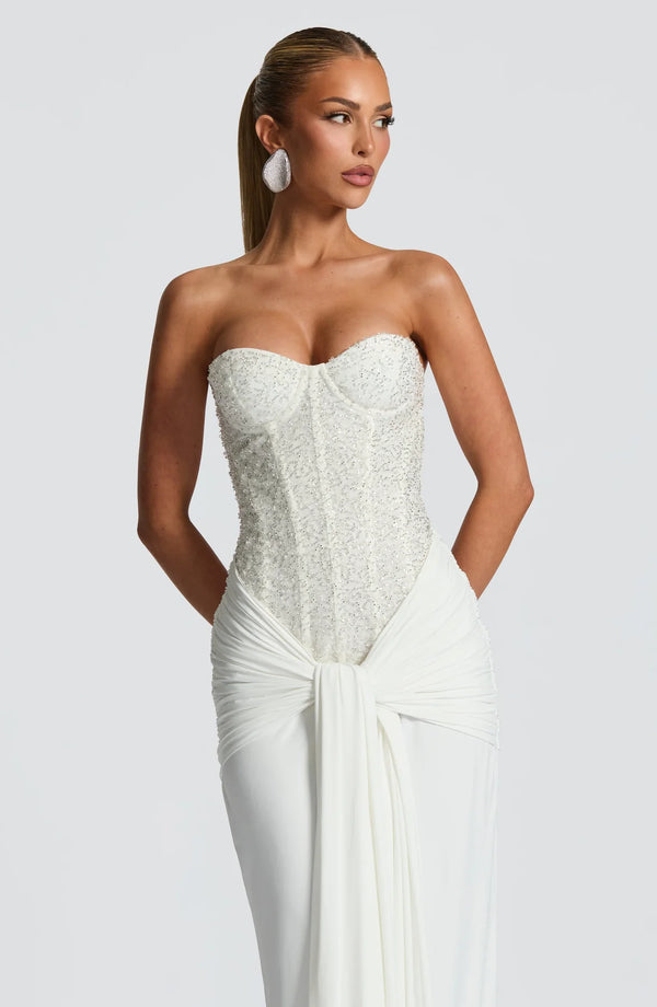 Beaded Mesh Bodice Maxi Dress – Carina - Bellux