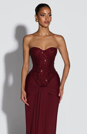 Beaded Mesh Bodice Maxi Dress – Carina - Bellux