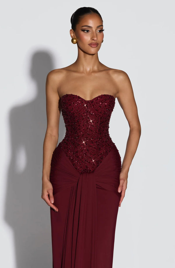 Beaded Mesh Bodice Maxi Dress – Carina - Bellux