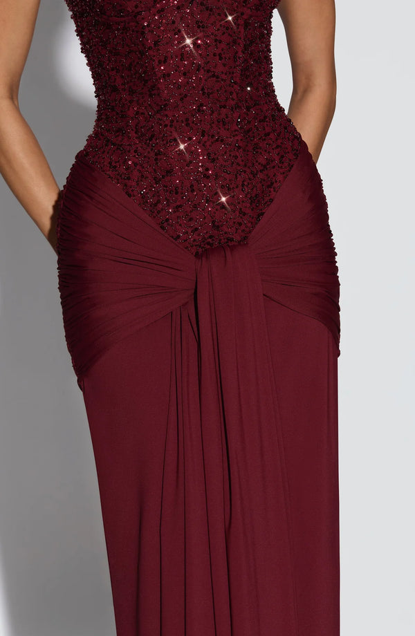 Beaded Mesh Bodice Maxi Dress – Carina - Bellux
