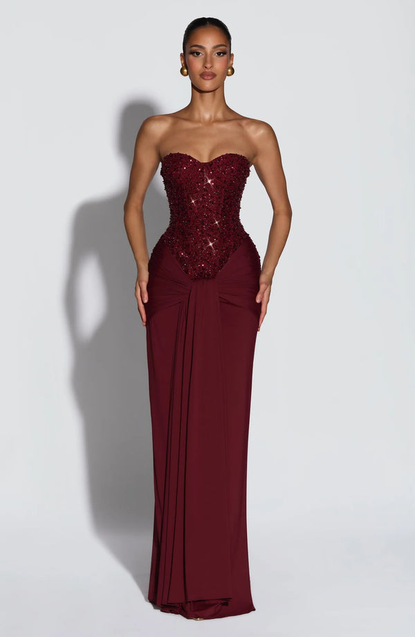Beaded Mesh Bodice Maxi Dress – Carina - Bellux