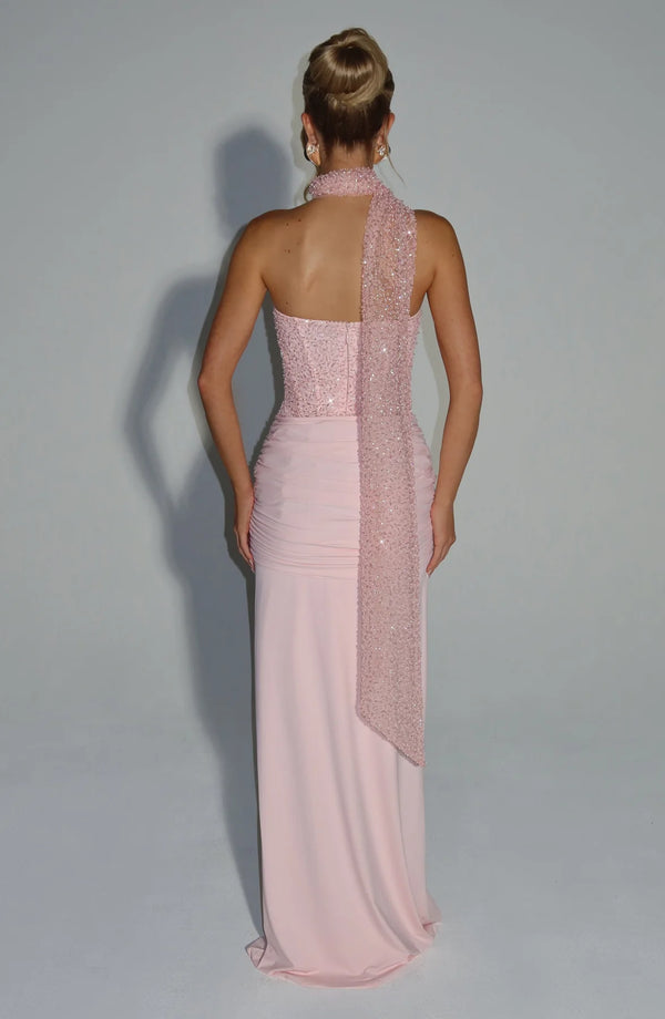 Beaded Mesh Bodice Maxi Dress – Carina - Bellux