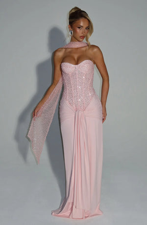 Beaded Mesh Bodice Maxi Dress – Carina - Bellux