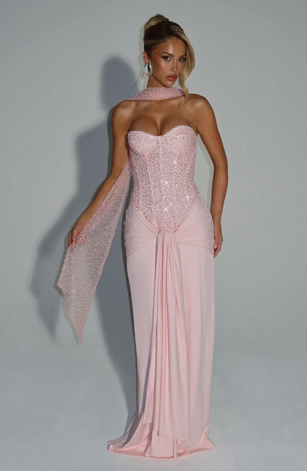 Beaded Mesh Bodice Maxi Dress – Carina - Bellux