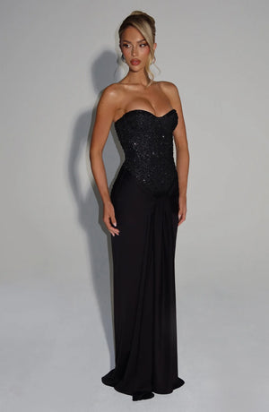 Beaded Mesh Bodice Maxi Dress – Carina - Bellux