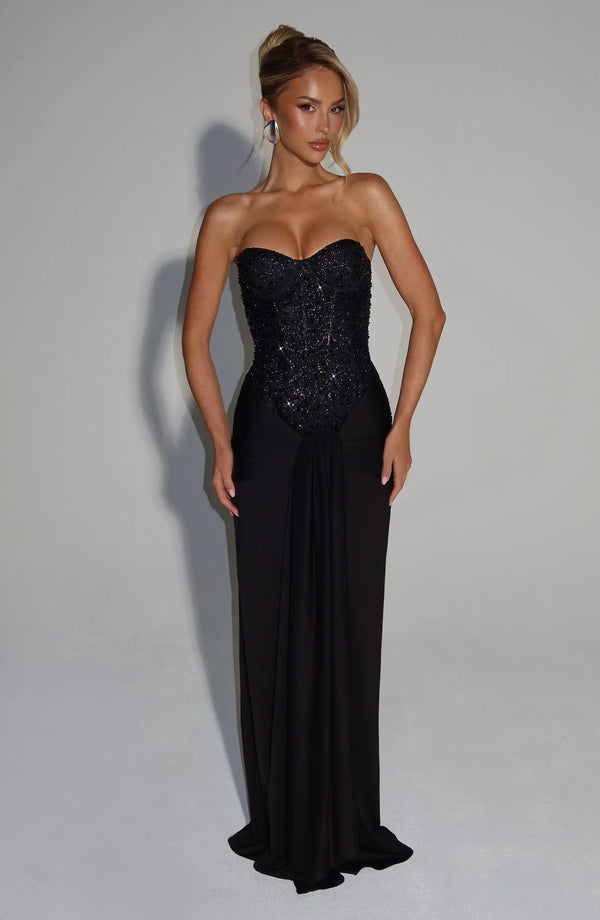 Beaded Mesh Bodice Maxi Dress – Carina - Bellux