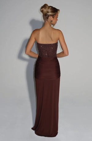 Beaded Mesh Bodice Maxi Dress – Carina - Bellux
