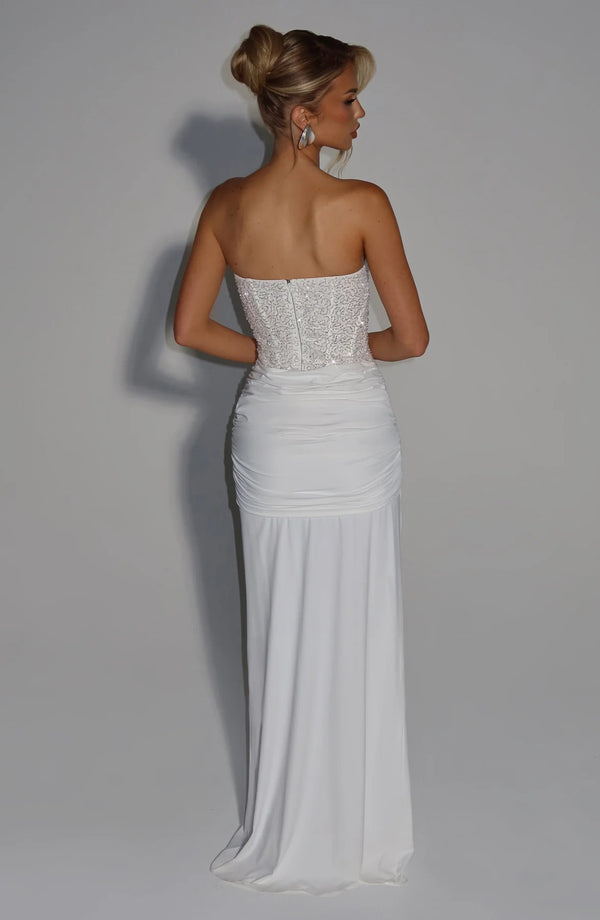 Beaded Mesh Bodice Maxi Dress – Carina - Bellux