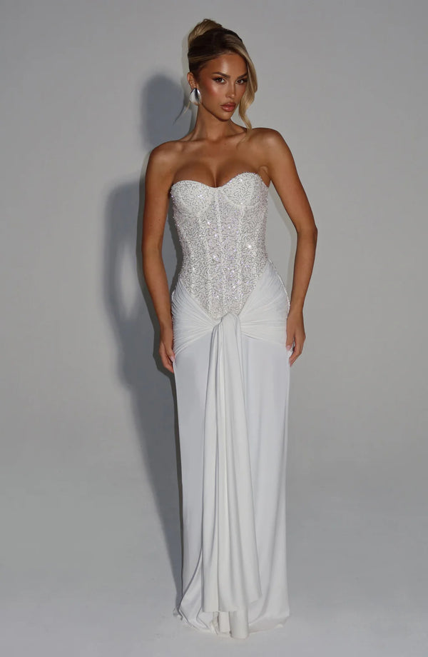 Beaded Mesh Bodice Maxi Dress – Carina - Bellux