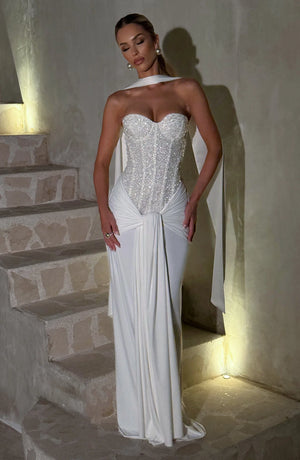 Beaded Mesh Bodice Maxi Dress – Carina - Bellux