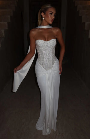 Beaded Mesh Bodice Maxi Dress – Carina - Bellux
