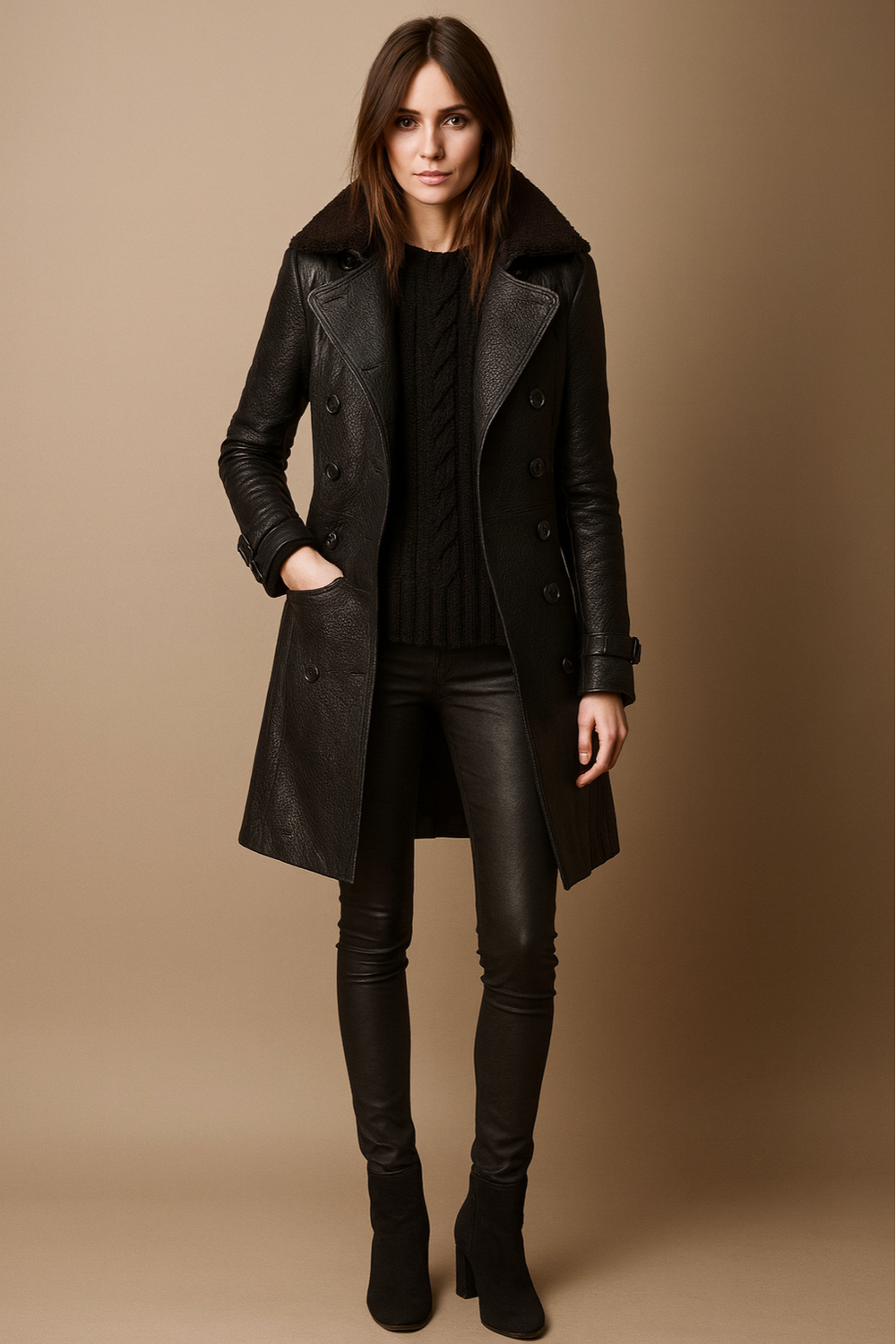 Belted Double-Breasted Trench Coat Shearling Collar – Arden - Black - Bellux