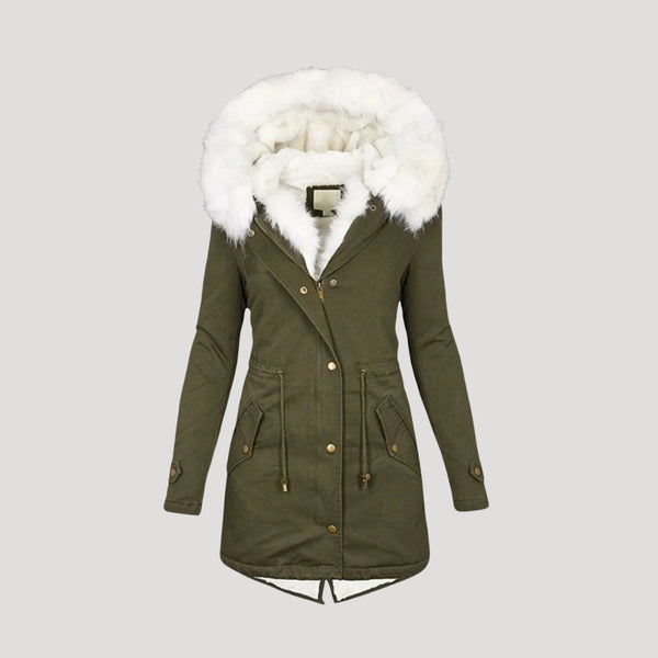 Belted Insulated Parka - Detachable Faux-Fur Trim - Seren - Army Green - Bellux