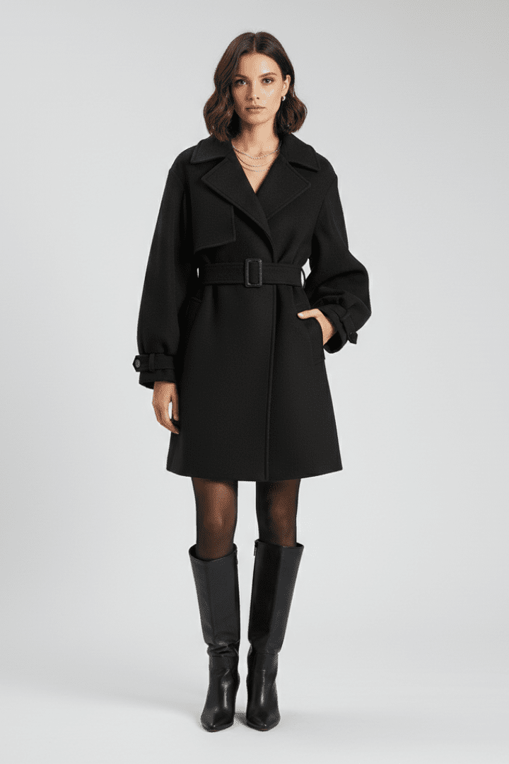 Belted Trench Coat Waist-Defining – Quinn - Black - Bellux