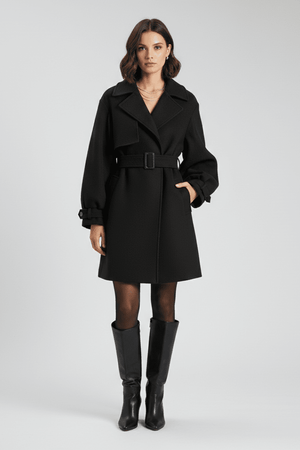 Belted Trench Coat Waist-Defining – Quinn - Black - Bellux