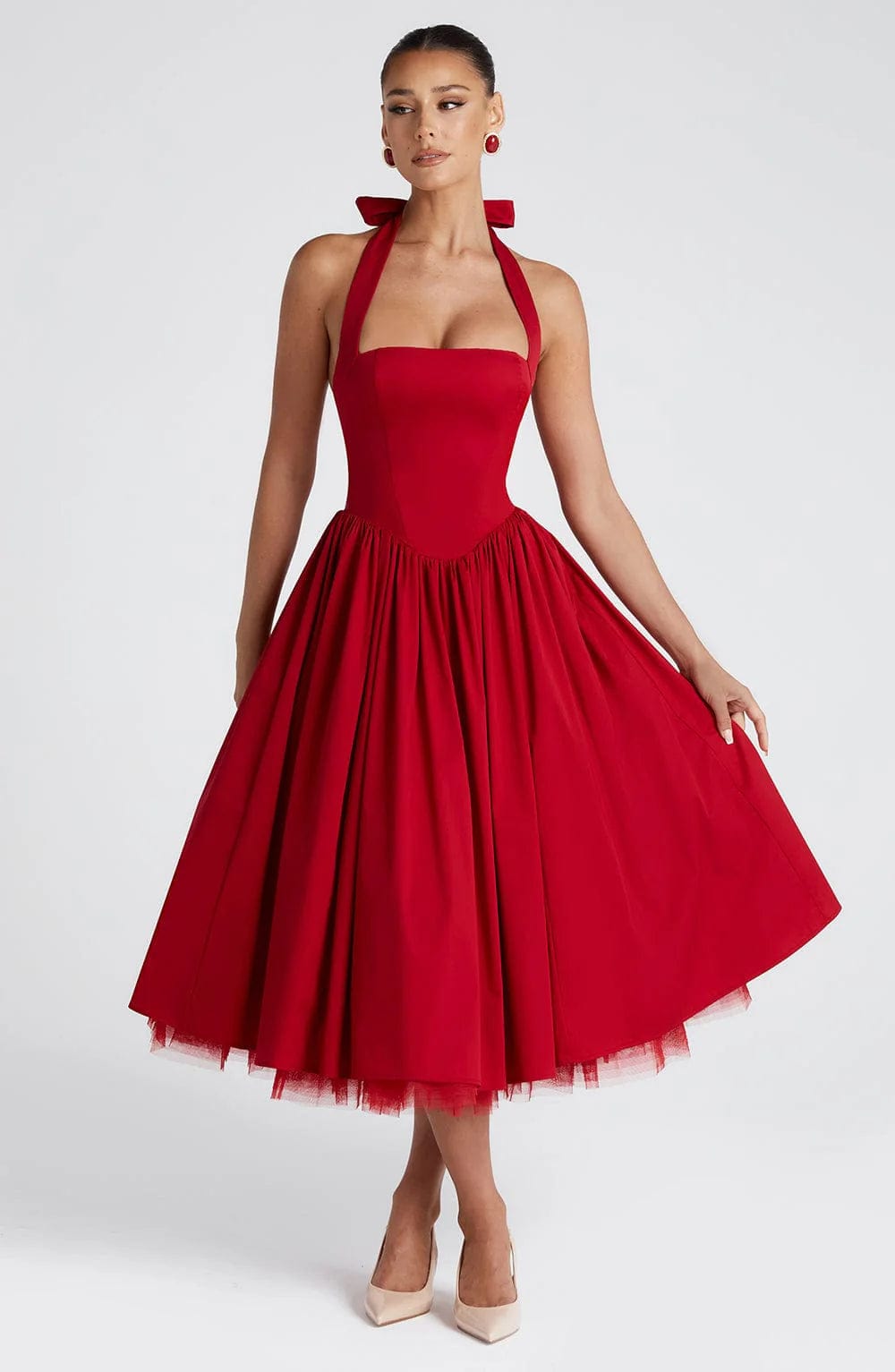 Boned Corset Midi Dress Sculpting Tulle-Lined – Elisabetta - Red - Bellux