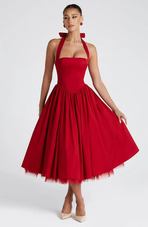 Boned Corset Midi Dress Sculpting Tulle-Lined – Elisabetta - Red - Bellux