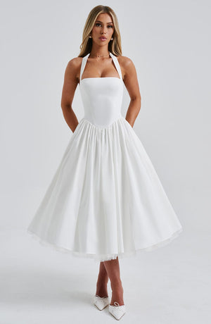 Boned Corset Midi Dress Sculpting Tulle-Lined – Elisabetta - White - Bellux