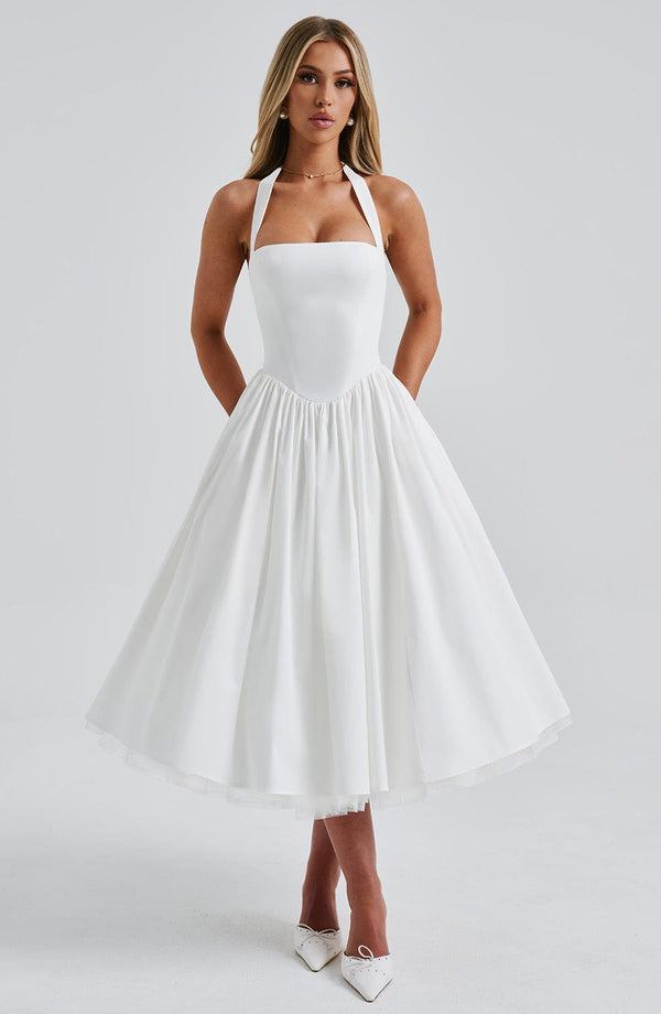 Boned Corset Midi Dress Sculpting Tulle-Lined – Elisabetta - White - Bellux