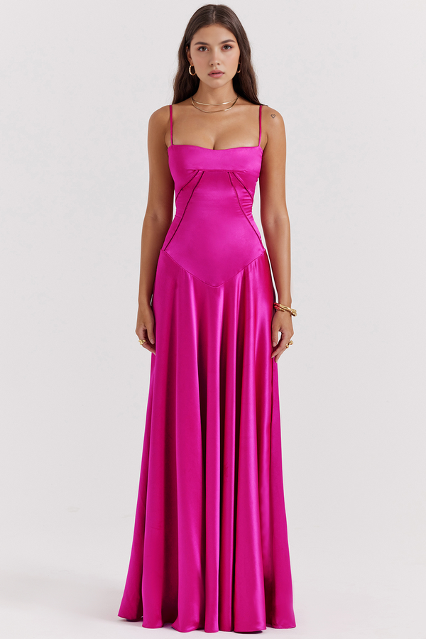 Bustier Dress with Adjustable Straps Satin – Imogen - Hot Pink - Bellux