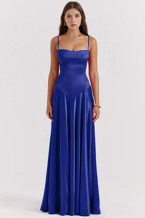 Bustier Dress with Adjustable Straps Satin – Imogen - Royal Blue - Bellux