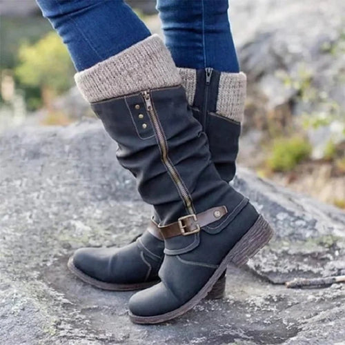 Calf Slouch Boots Low Block Heel Vegan Leather – Briar - Black - Bellux