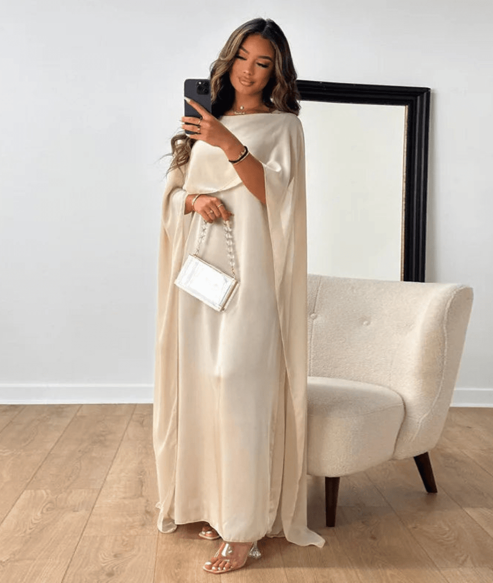 Cape-Sleeve Maxi Abaya Flattering Fit Satin – Nerissa - White - Bellux