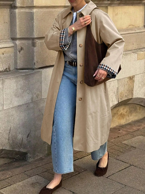 Checked-Lined Pocketed Trench Coat – Evelina - Khaki - Bellux