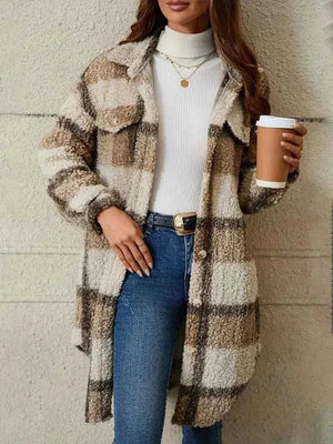 Checked Teddy Trench Coat - Cosy Hip-Length - Saffron - Bellux