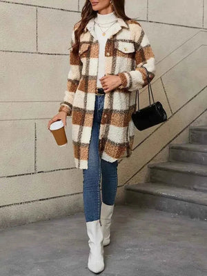 Checked Teddy Trench Coat - Cosy Hip-Length - Saffron - Bellux
