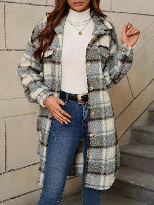 Checked Teddy Trench Coat - Cosy Hip-Length - Saffron - Bellux